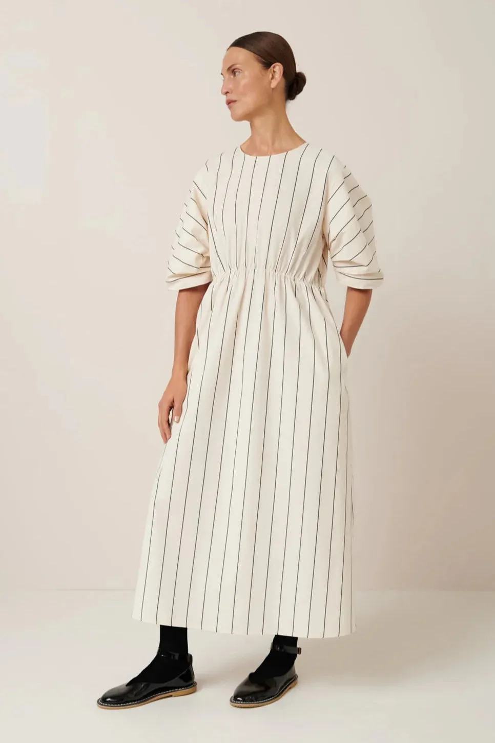 Ellora Dress, Greige Pinstripe