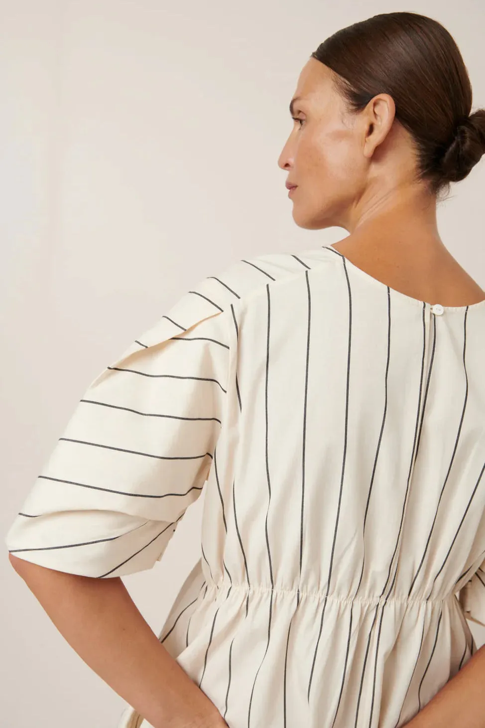 Ellora Dress, Greige Pinstripe