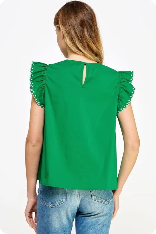 Emerald contrast embroidered eyelet sleeveless poplin top