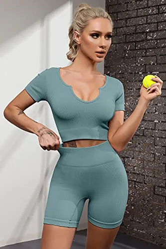FAFOFA Active Wear Outfits for Women Ribbed Seamless Sport Shorts Crop Tops 2 Piece Yoga Sets L