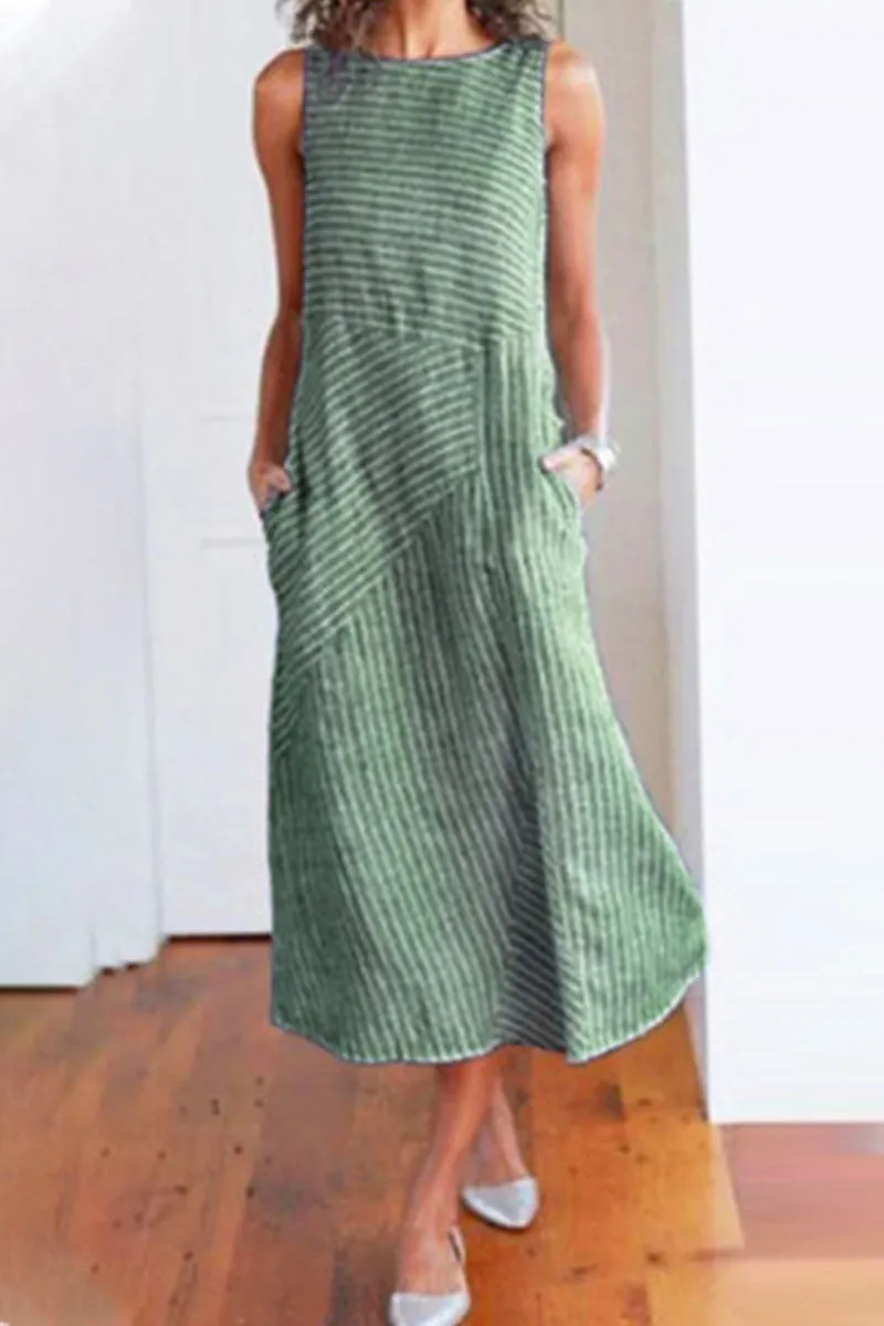Fashion Street Striped Patchwork O Neck Sleeveless Dresses(6 colors)