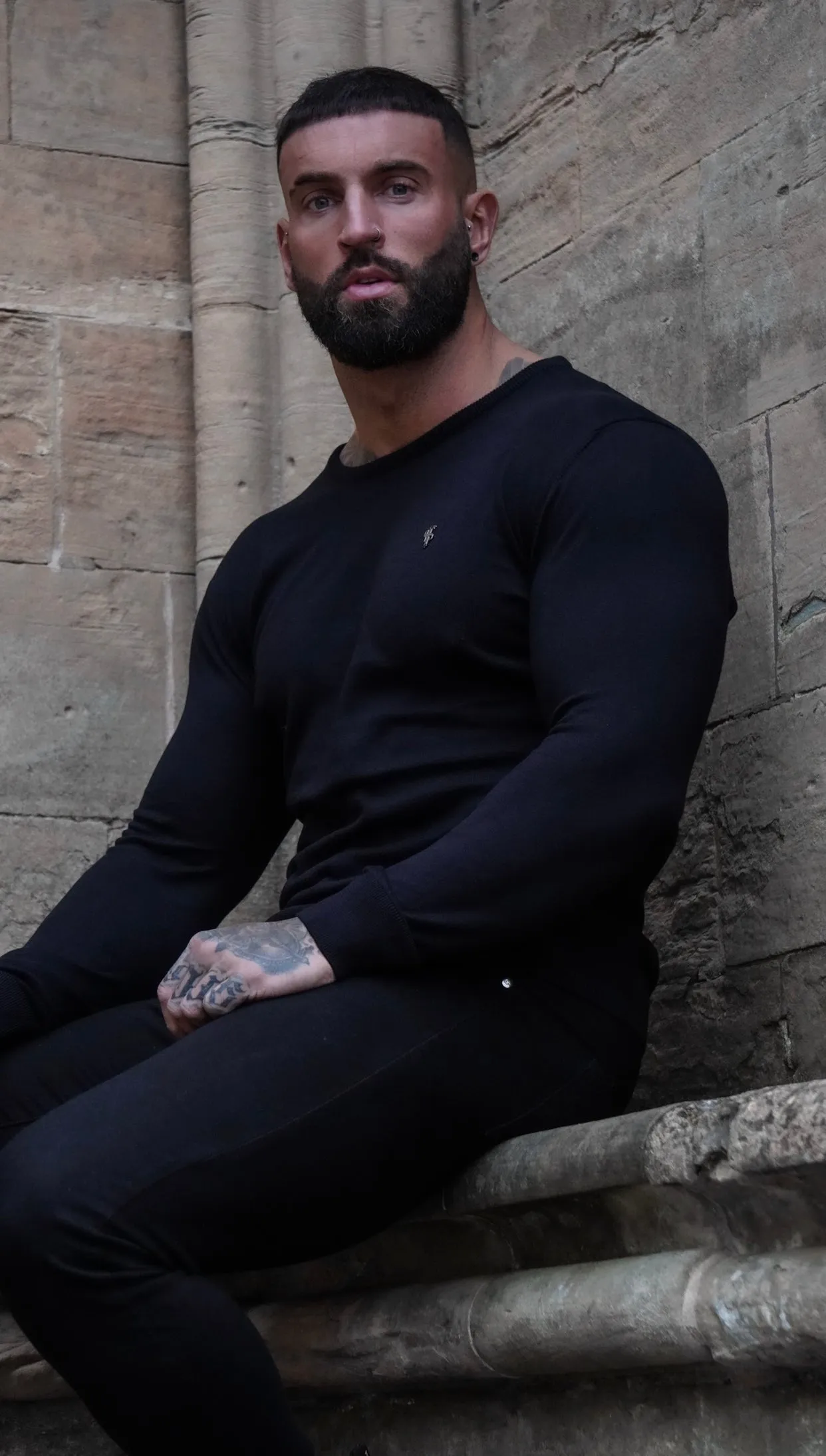 Father Sons Classic Black Crew Neck Knitted Jumper with Gunmetal Emblem - FSH668