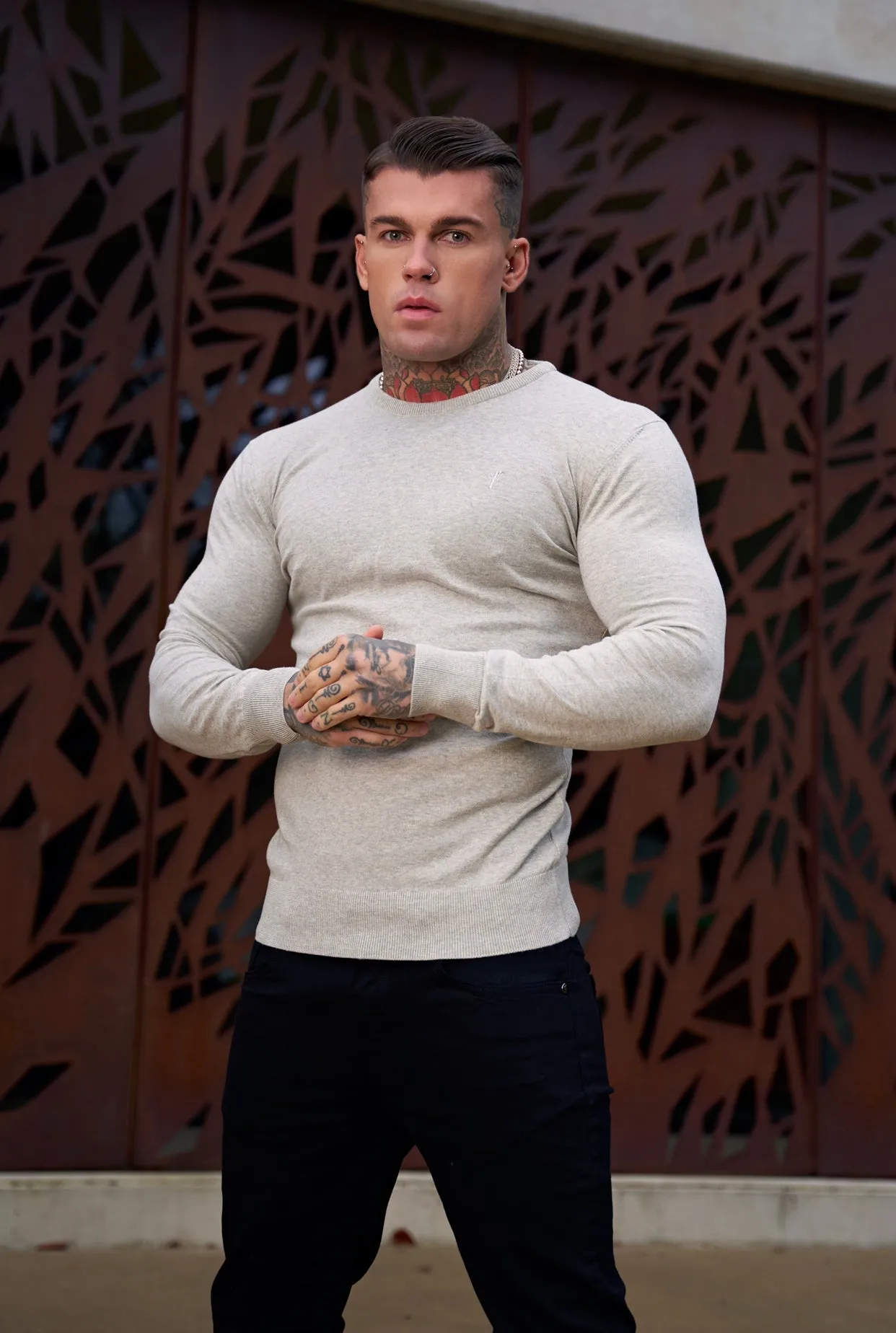 Father Sons Classic Light Grey Marl Crew Neck Knitted Jumper with Tonal Emblem - FSH674