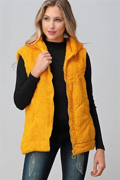 Faux Fur Teddy Bear Zip Up Hoodie Vest Mustard - Pack of 6