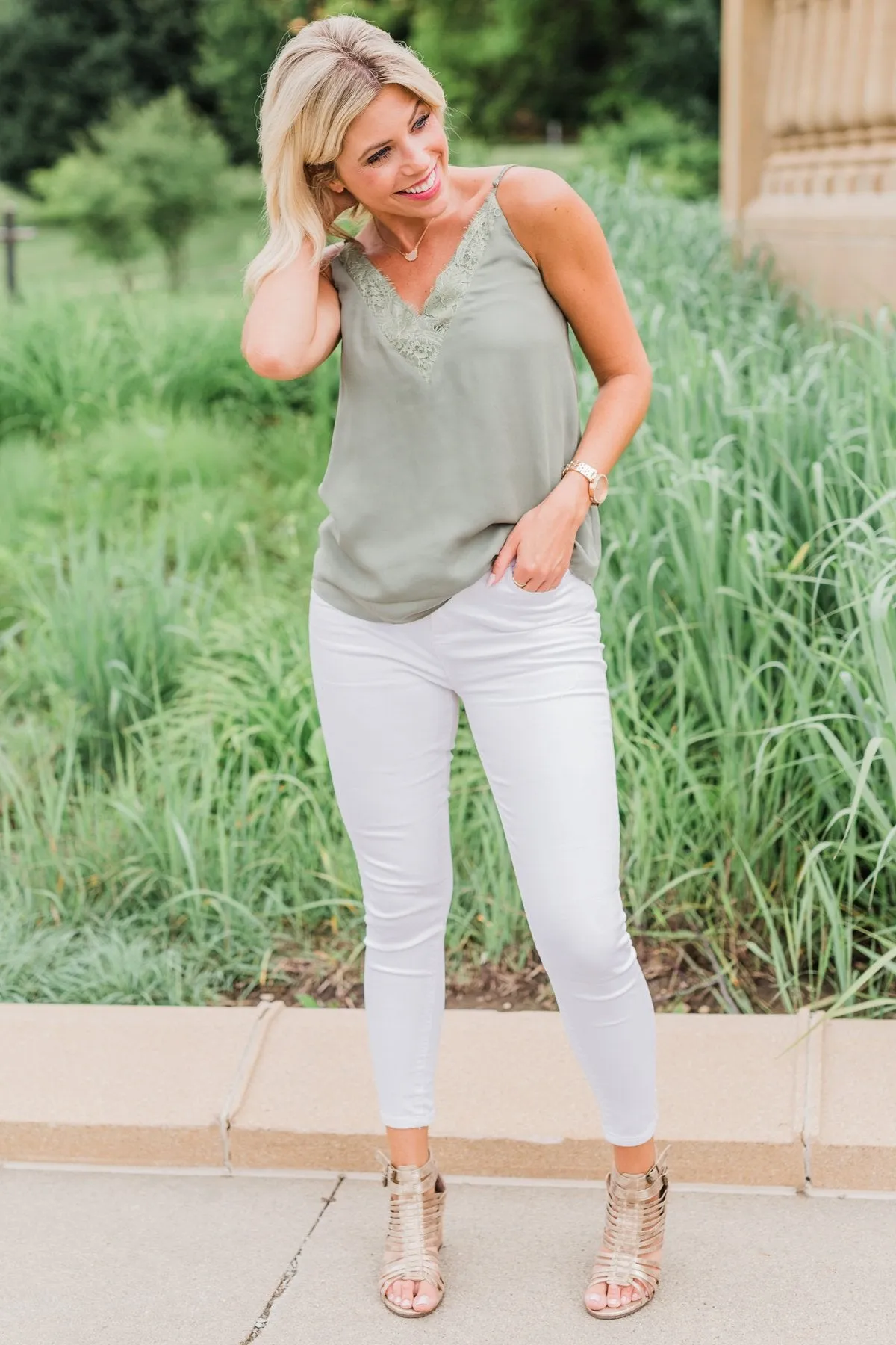 Feel My Love Lace Trimmed Tank Top- Olive