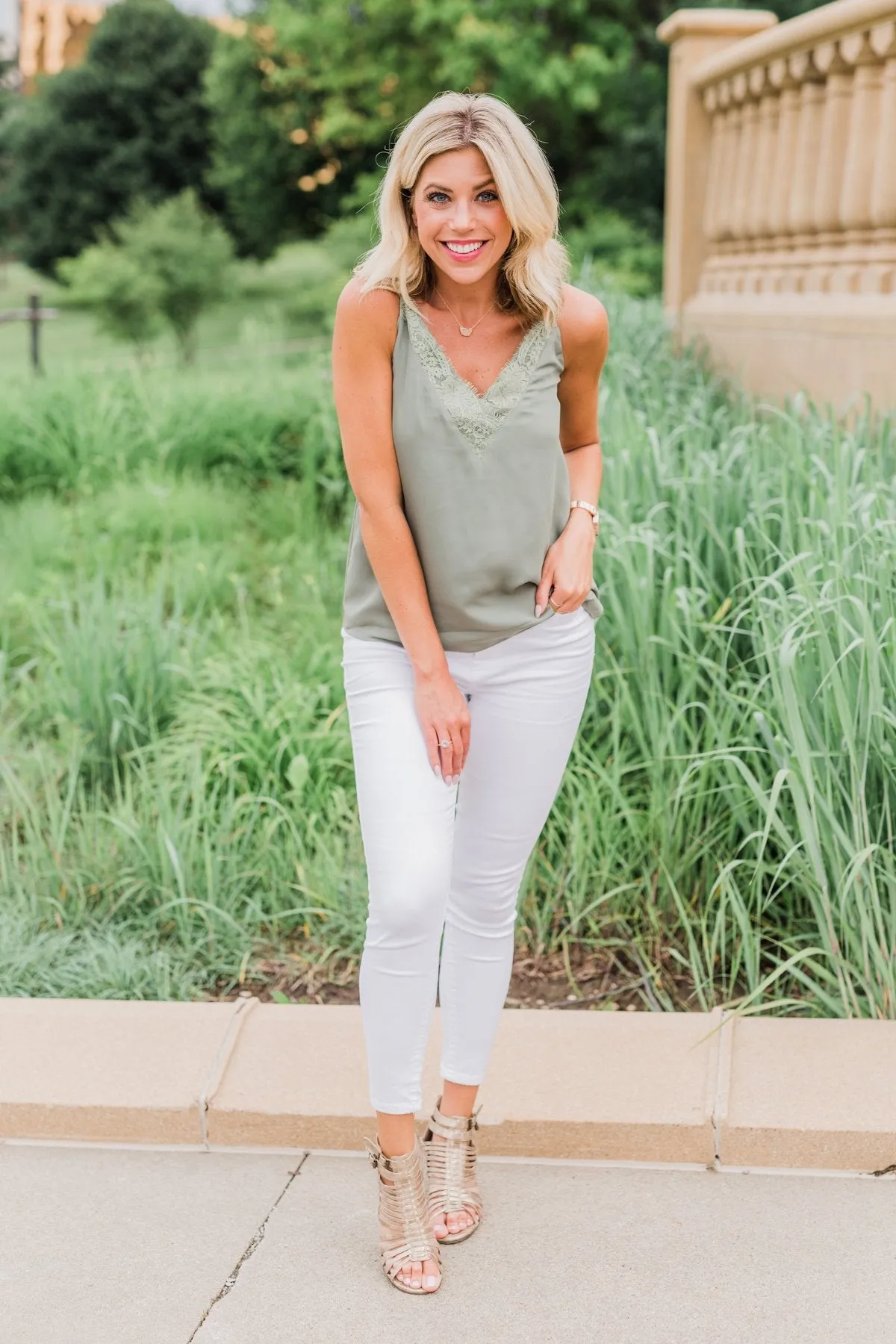 Feel My Love Lace Trimmed Tank Top- Olive