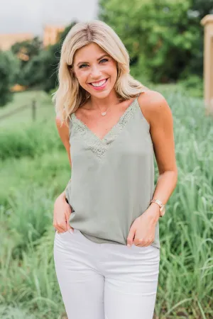 Feel My Love Lace Trimmed Tank Top- Olive