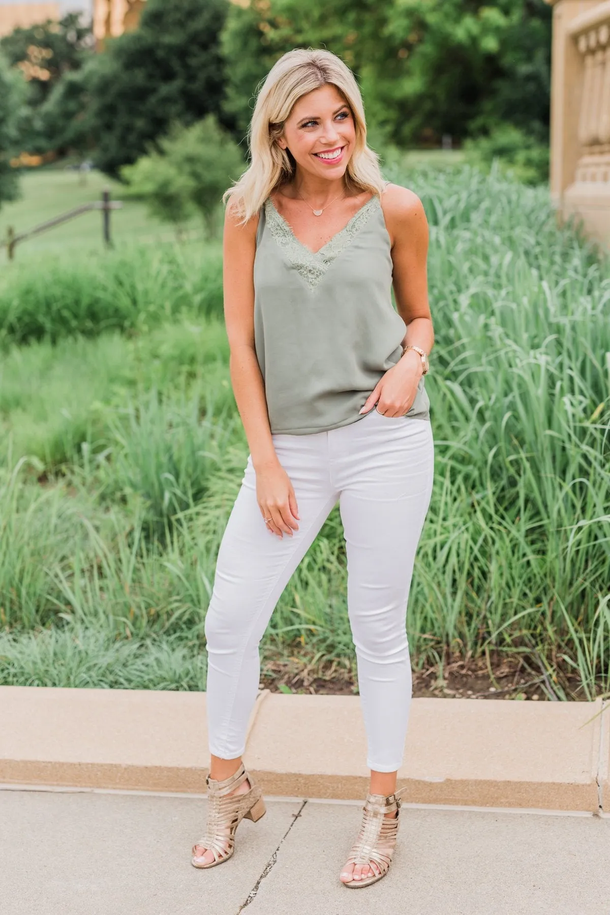 Feel My Love Lace Trimmed Tank Top- Olive