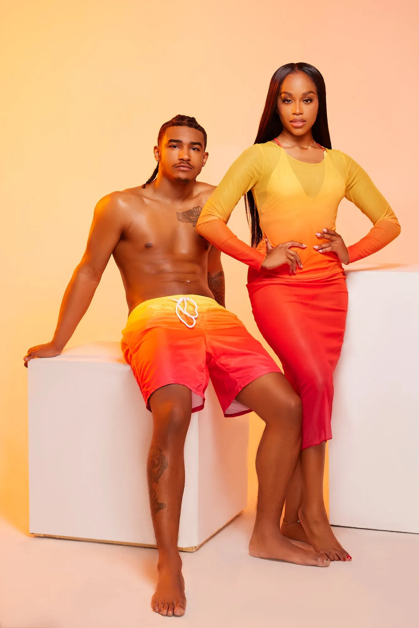 Fire Couple Swimwear Mesh Dress & Trunk Set
