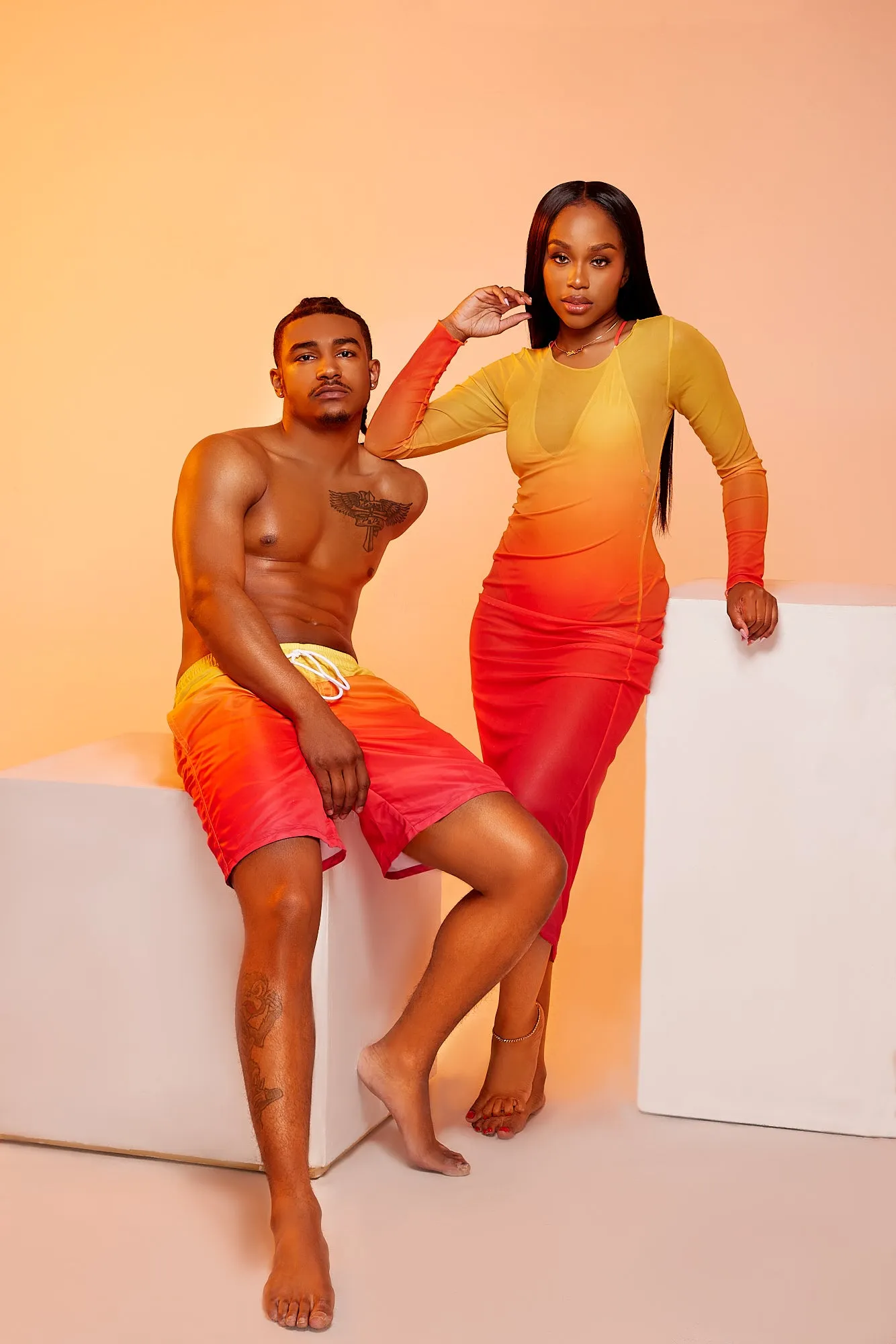 Fire Couple Swimwear Mesh Dress & Trunk Set
