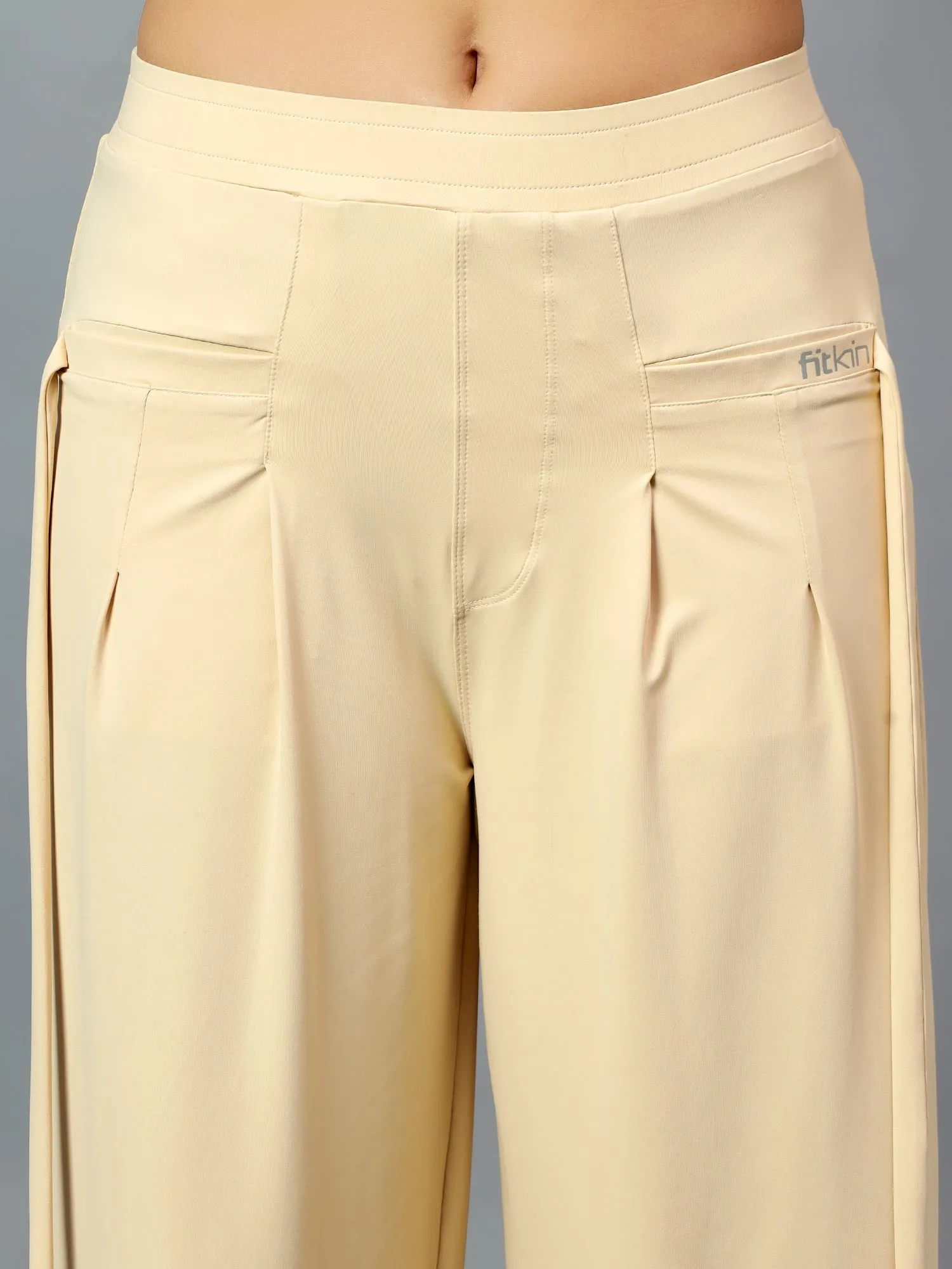 Fitkin Women Cream Free Style Yoga Top Pants Co-ord Set