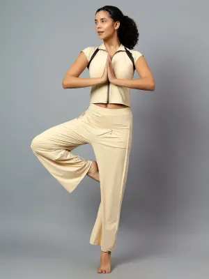 Fitkin Women Cream Free Style Yoga Top Pants Co-ord Set