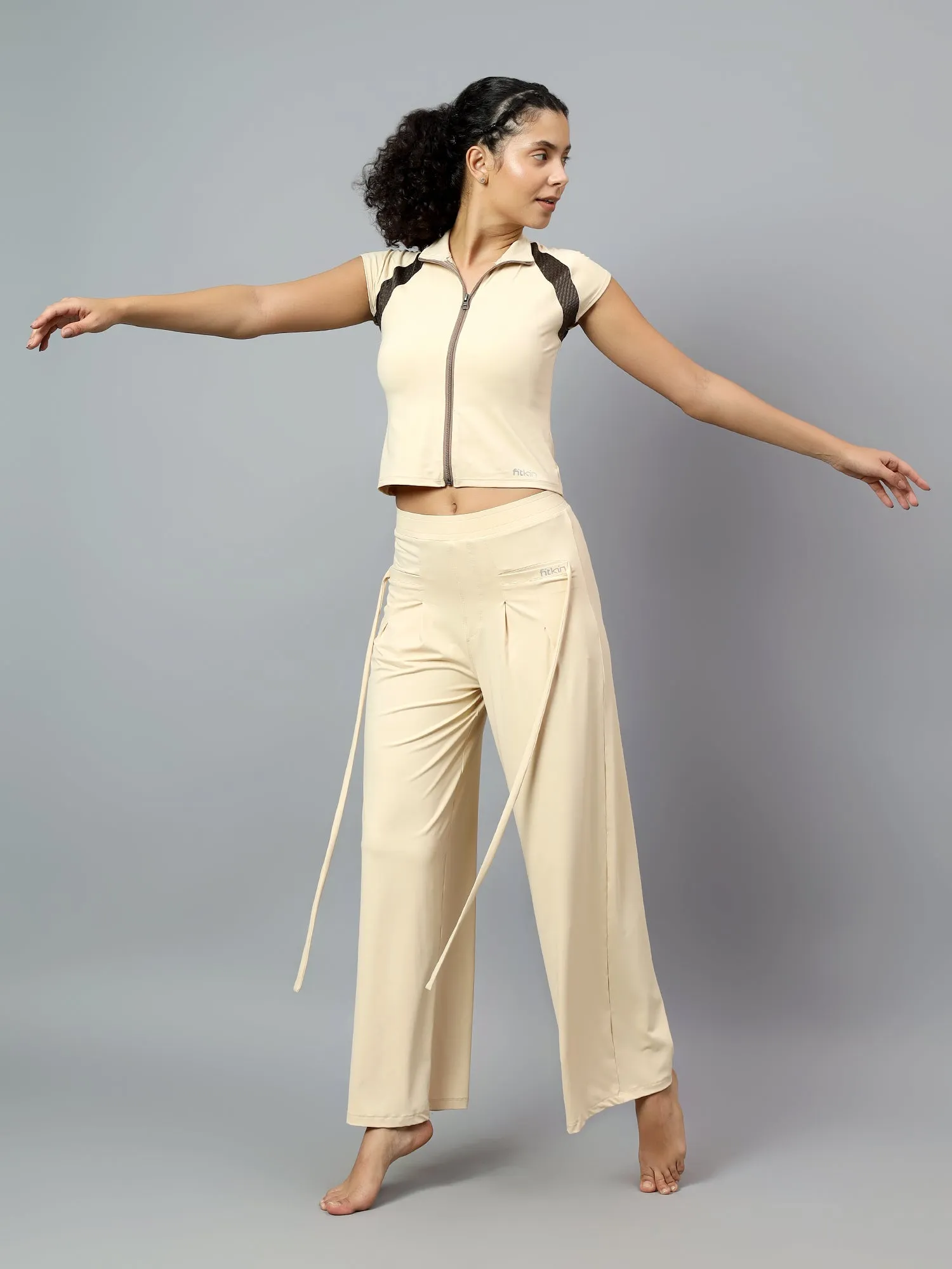 Fitkin Women Cream Free Style Yoga Top Pants Co-ord Set