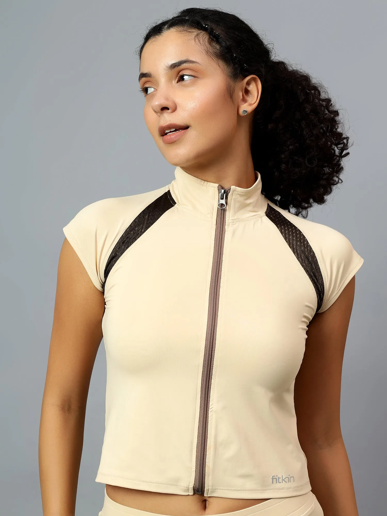 Fitkin Women Cream Free Style Yoga Top Pants Co-ord Set