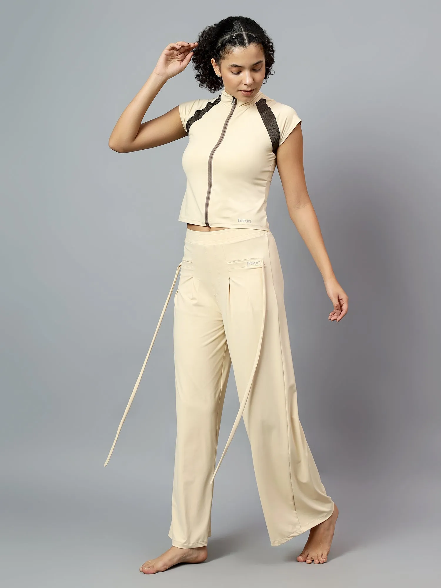 Fitkin Women Cream Free Style Yoga Top Pants Co-ord Set