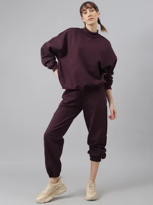 Fitkin Women Purple Crew Neck Oversized Overlock Design Tracksuit