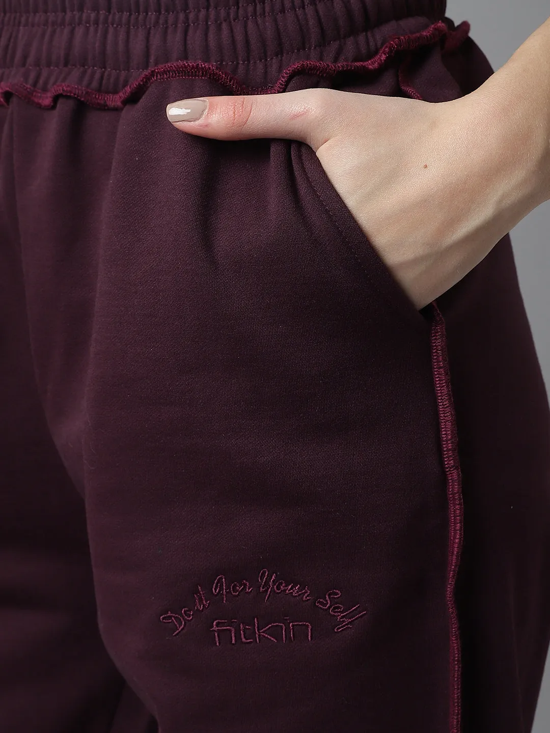 Fitkin Women Purple Crew Neck Oversized Overlock Design Tracksuit