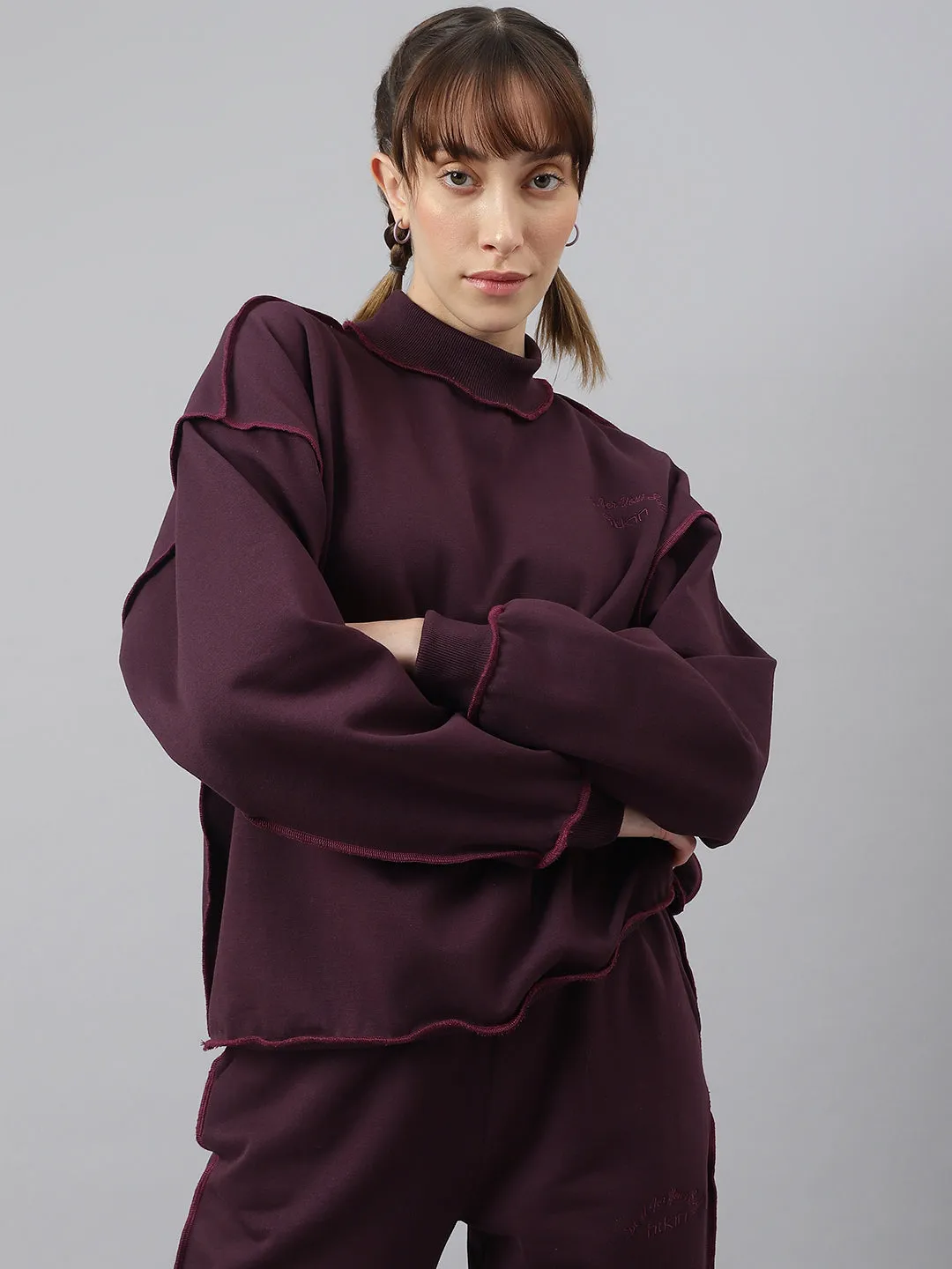 Fitkin Women Purple Crew Neck Oversized Overlock Design Tracksuit