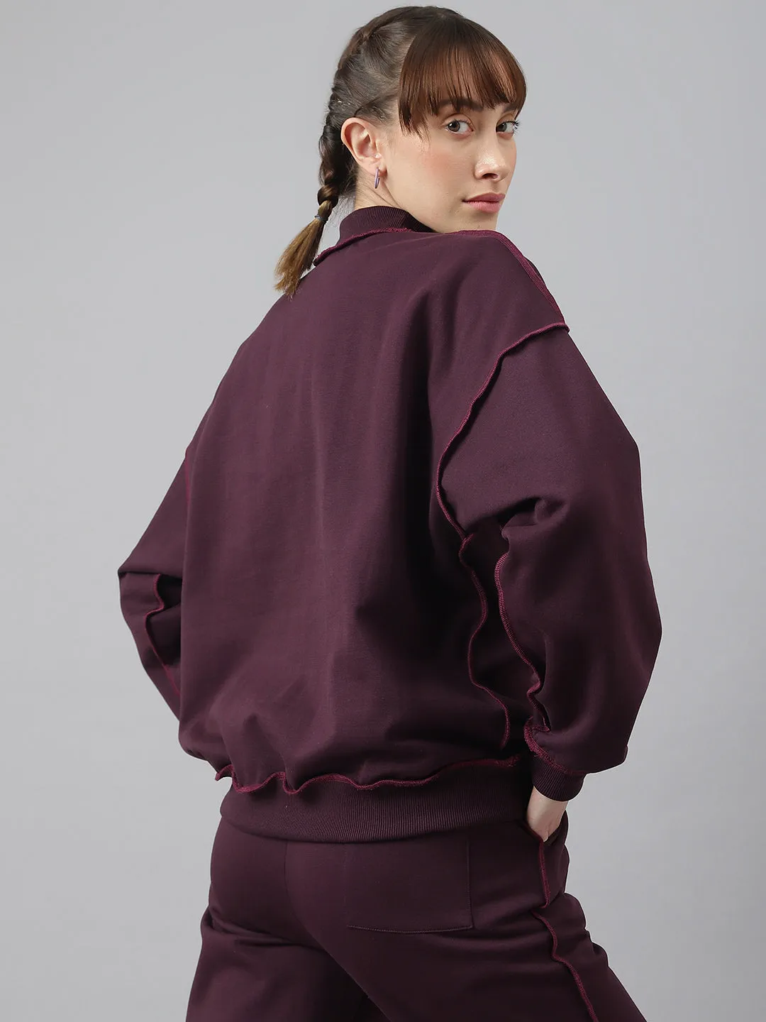 Fitkin Women Purple Crew Neck Oversized Overlock Design Tracksuit