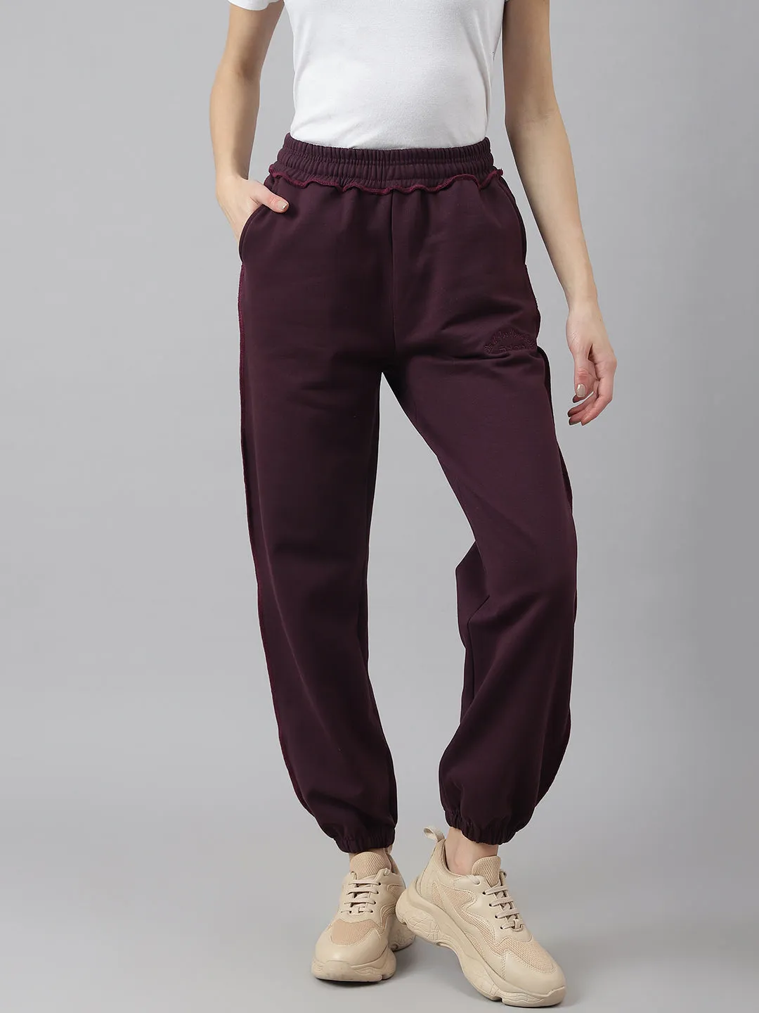 Fitkin Women Purple Crew Neck Oversized Overlock Design Tracksuit