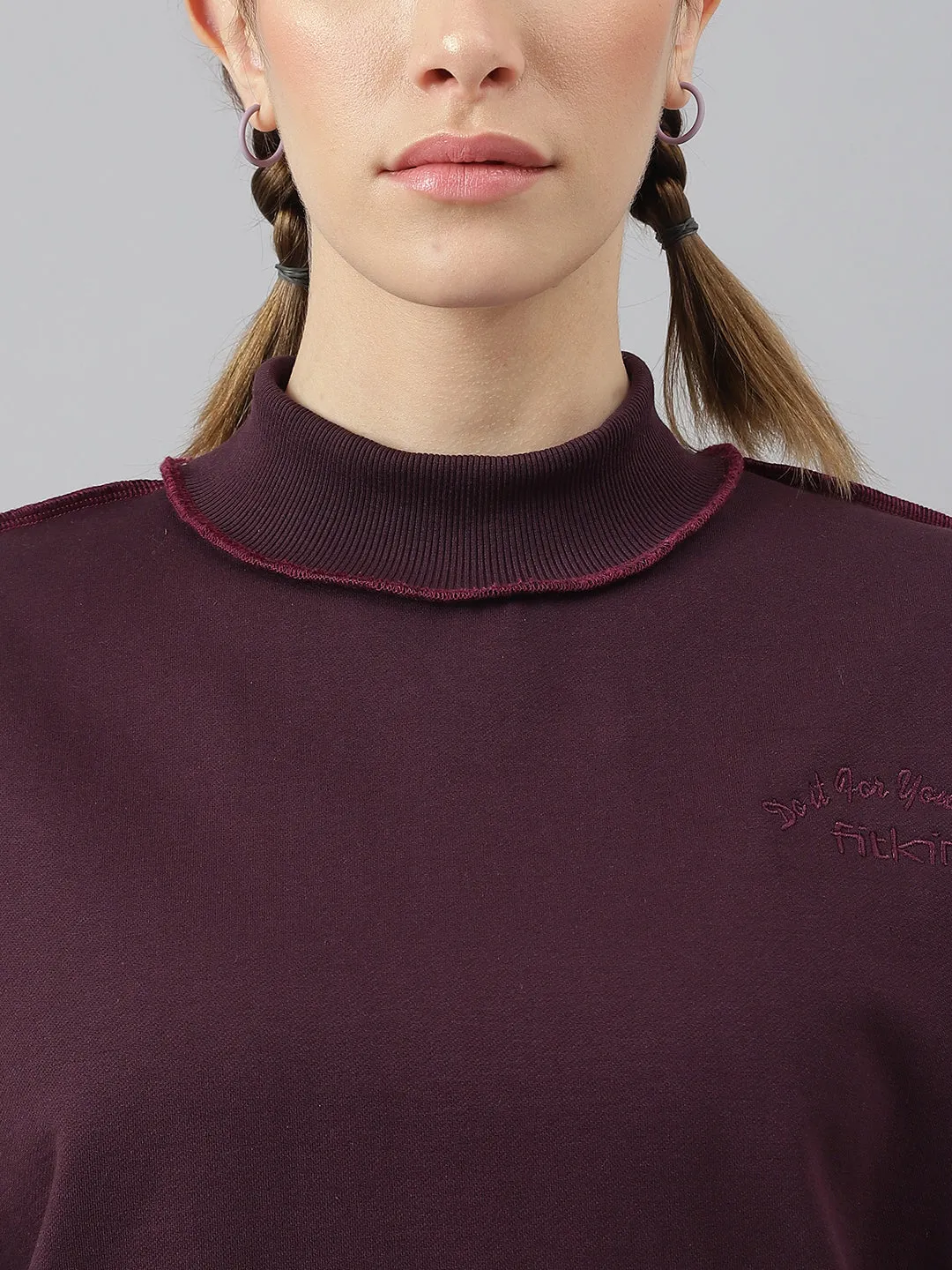Fitkin Women Purple Crew Neck Oversized Overlock Design Tracksuit