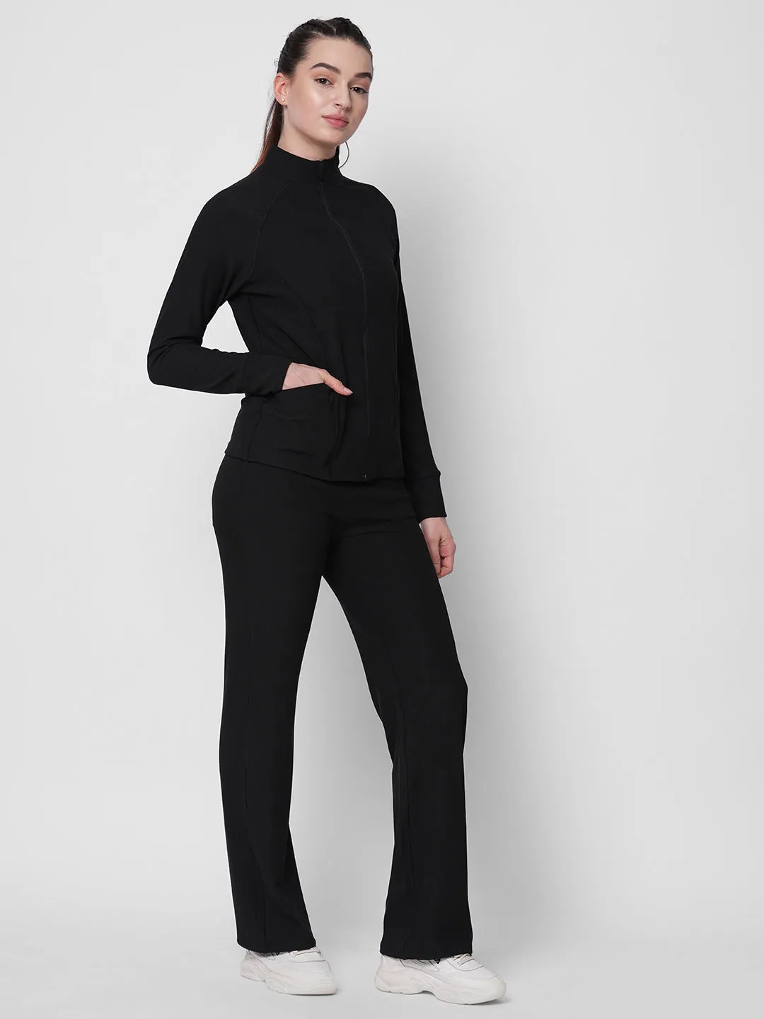 Fitkin women ribbed black zipper co-ord tracksuit