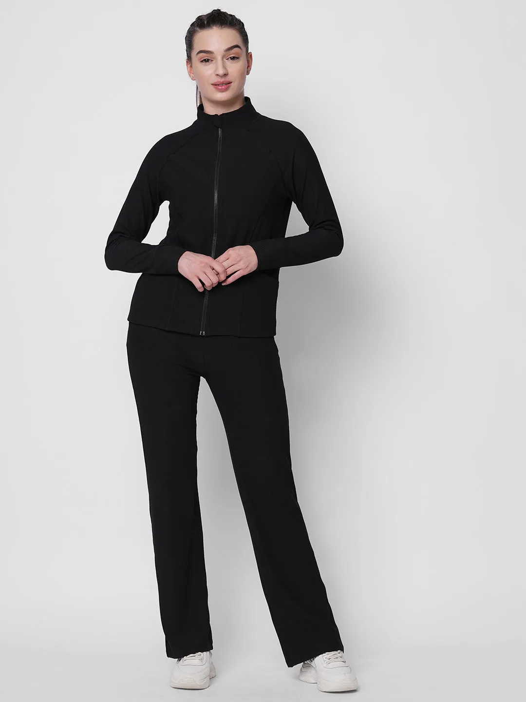 Fitkin women ribbed black zipper co-ord tracksuit