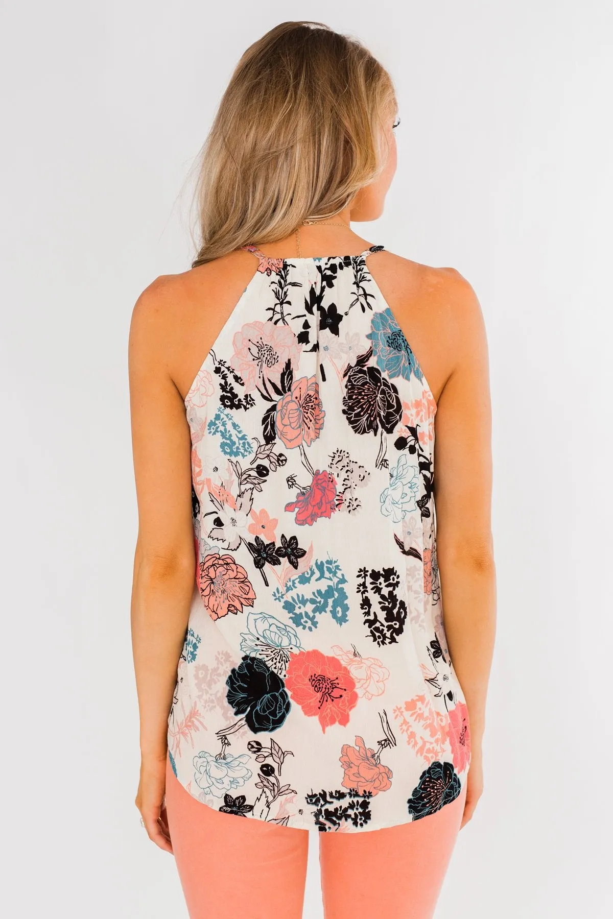 Floral Arrangement Wrap Tank Top- Ivory