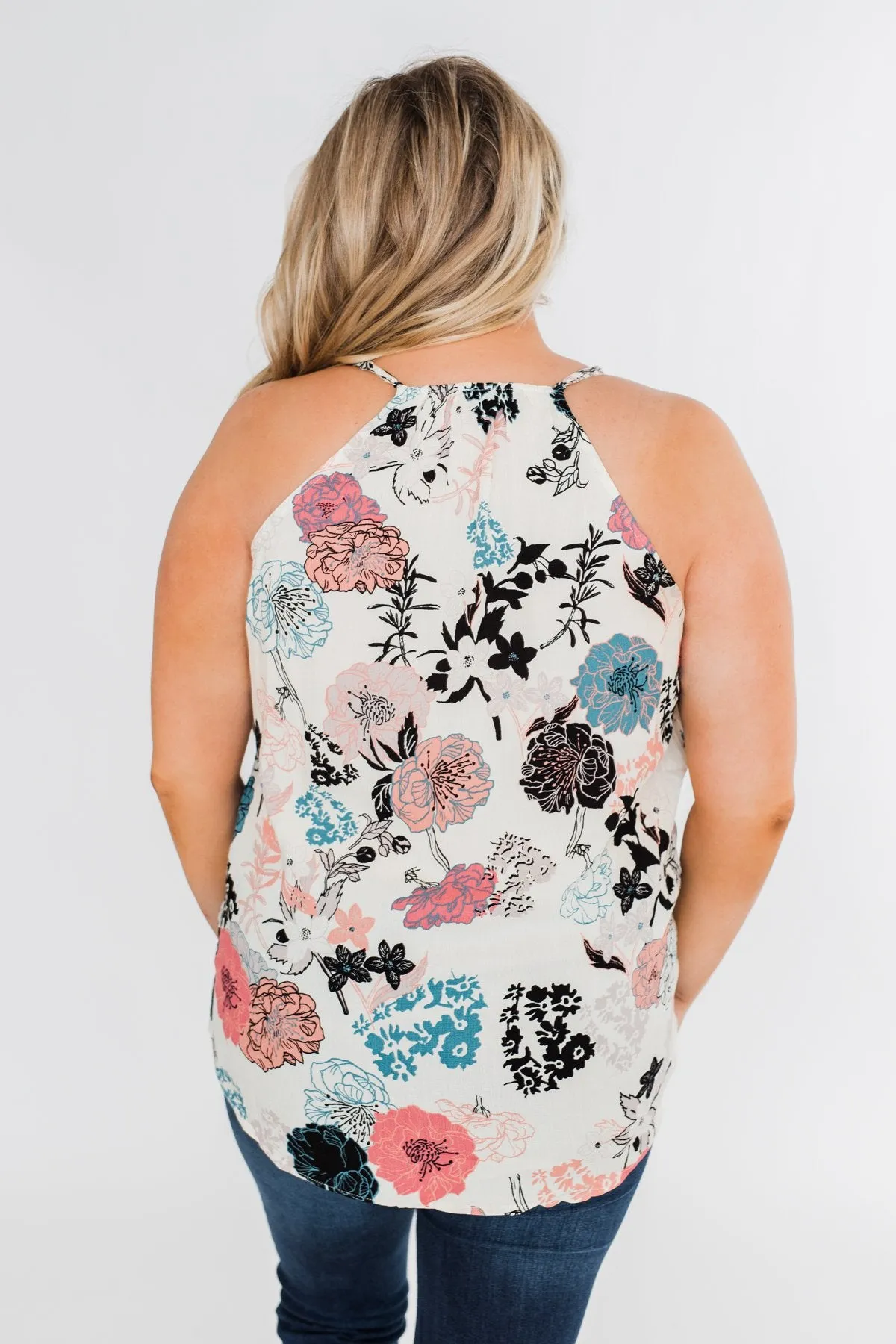 Floral Arrangement Wrap Tank Top- Ivory