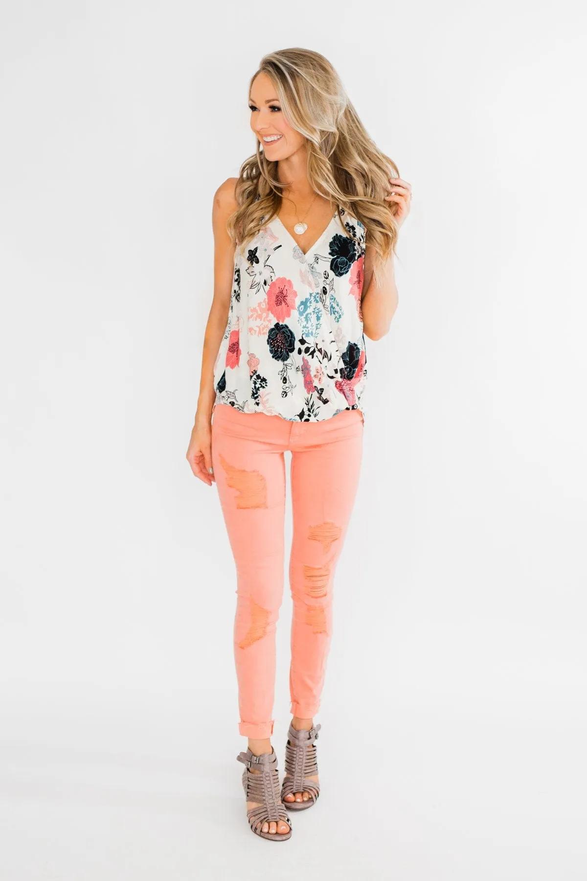 Floral Arrangement Wrap Tank Top- Ivory