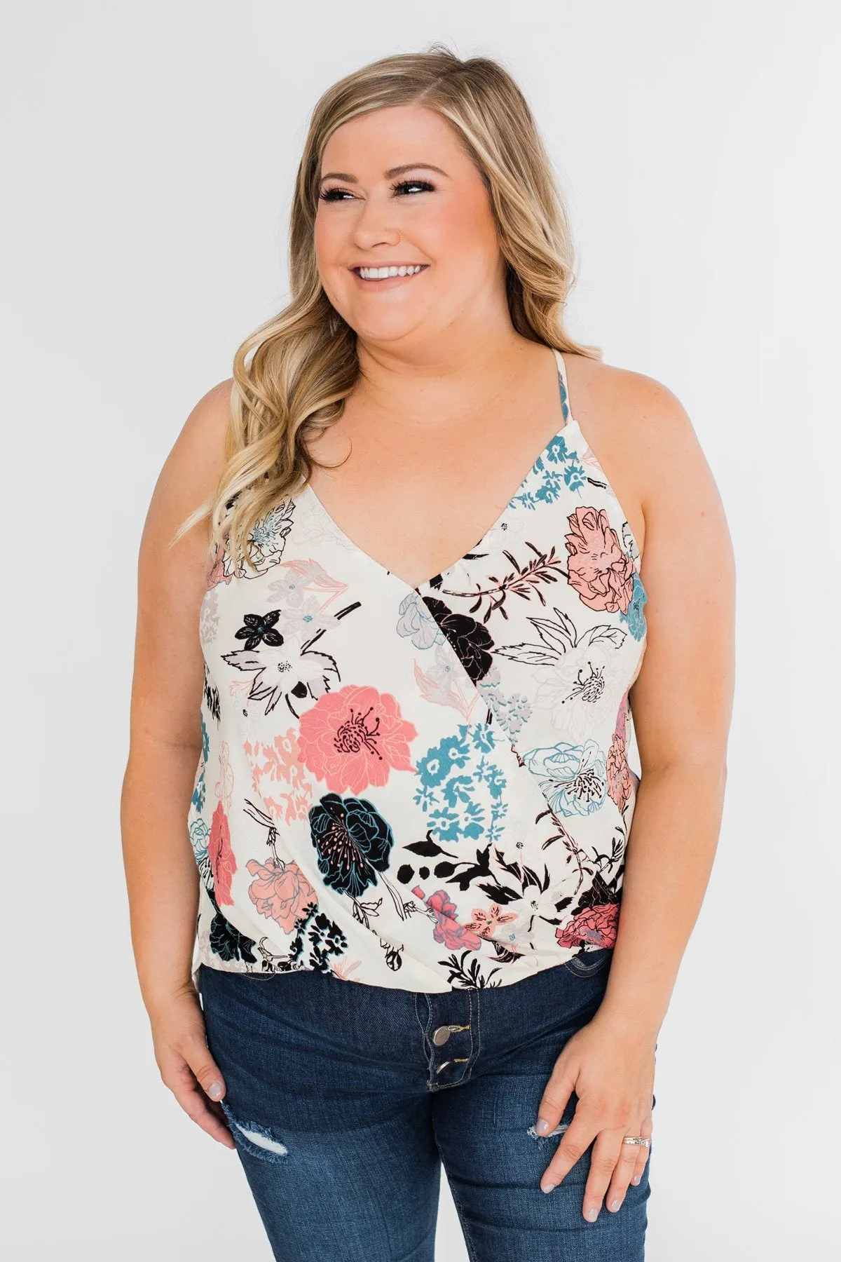 Floral Arrangement Wrap Tank Top- Ivory