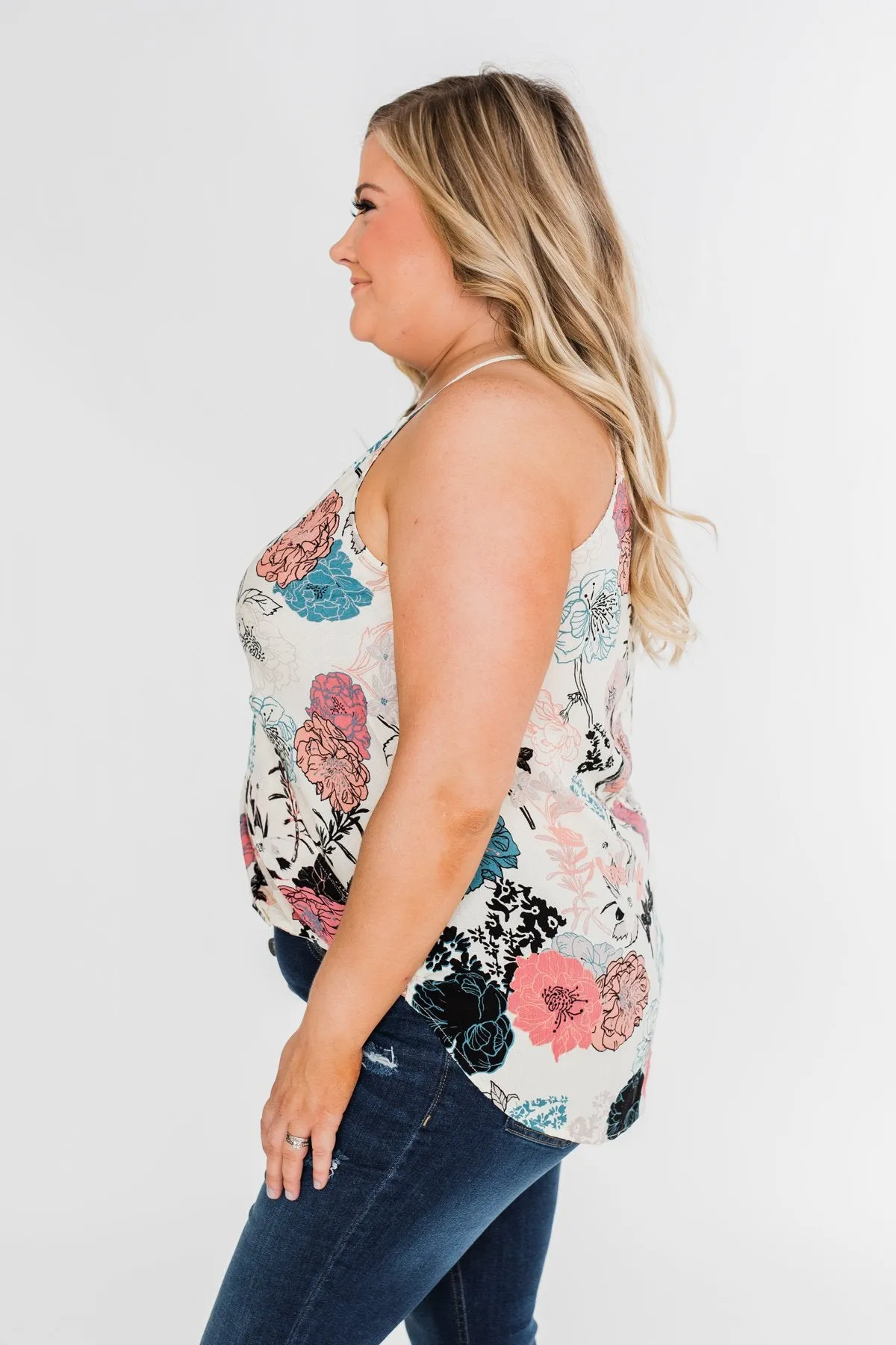 Floral Arrangement Wrap Tank Top- Ivory