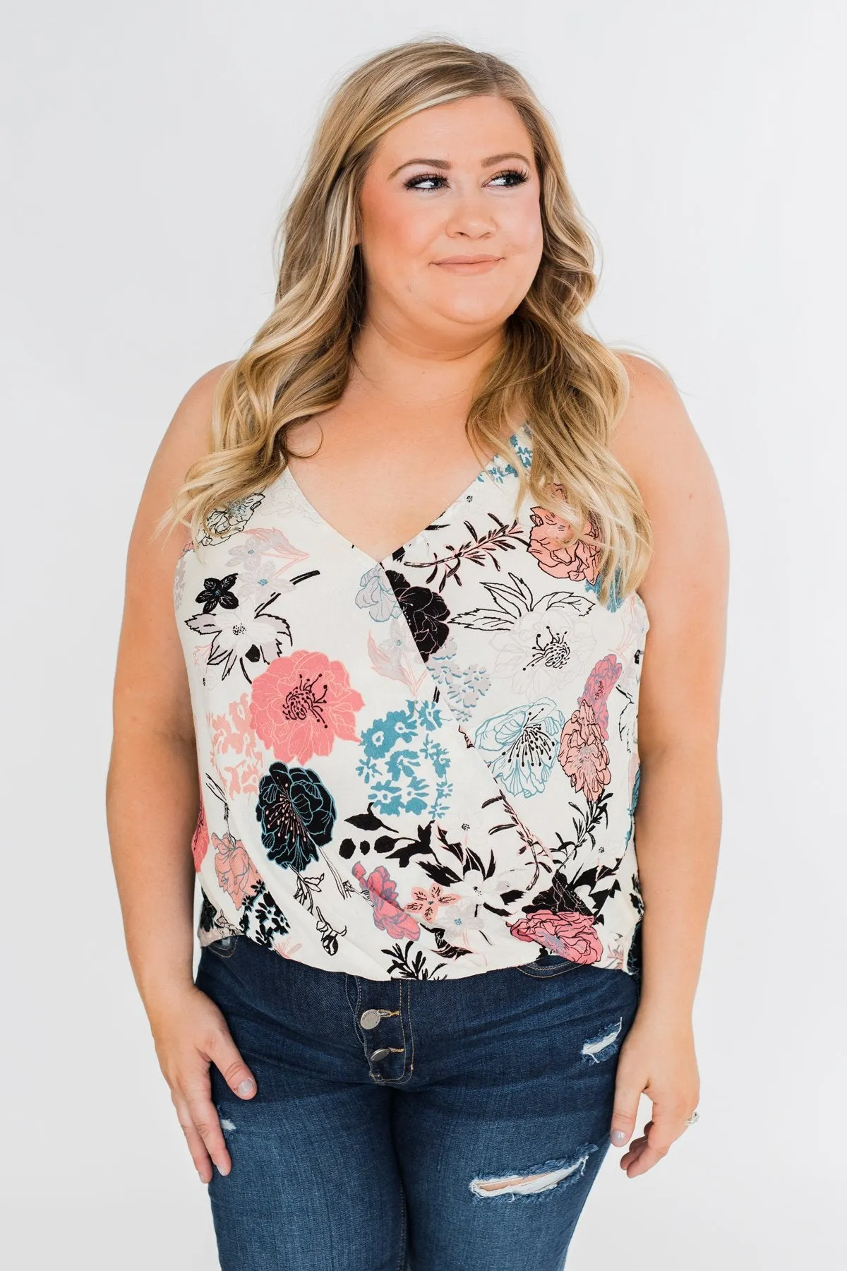 Floral Arrangement Wrap Tank Top- Ivory