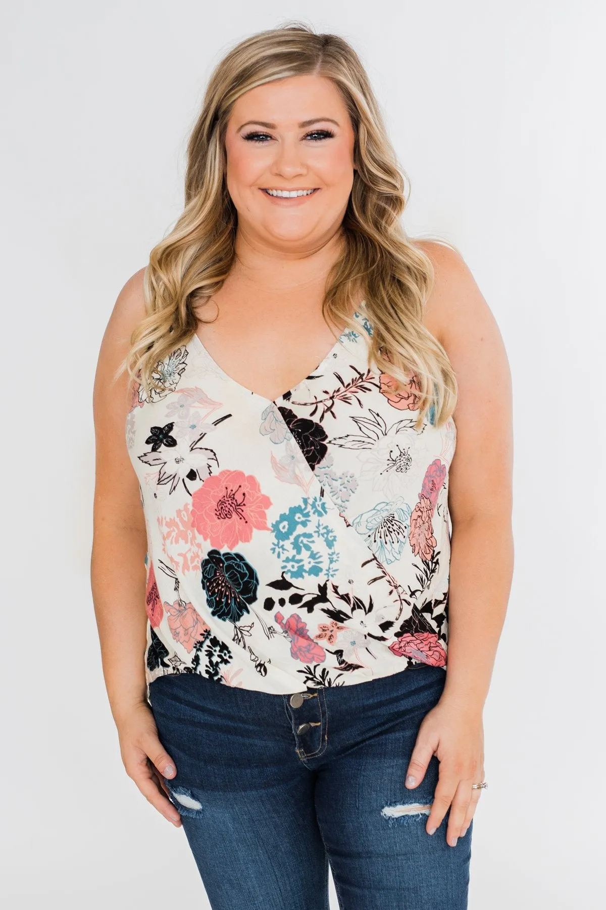 Floral Arrangement Wrap Tank Top- Ivory
