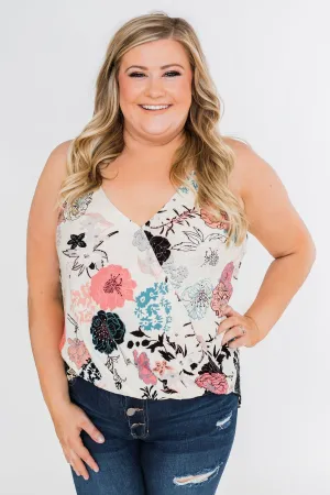 Floral Arrangement Wrap Tank Top- Ivory