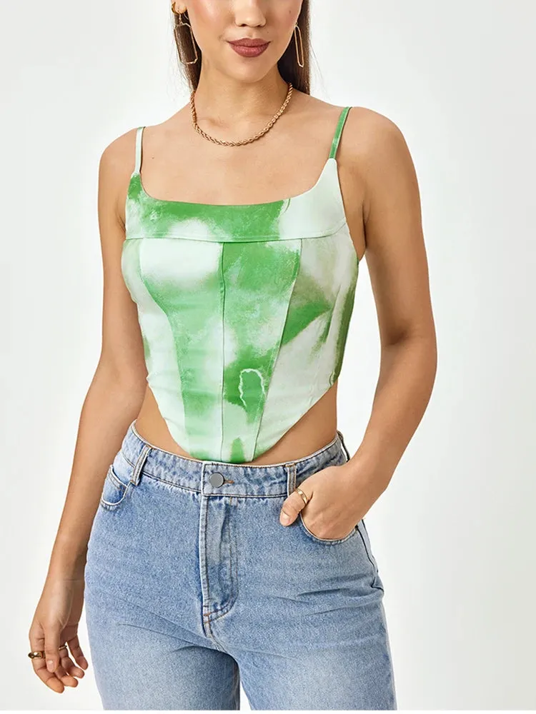 Floral Spaghetti Strap Back Zipper Corset Top