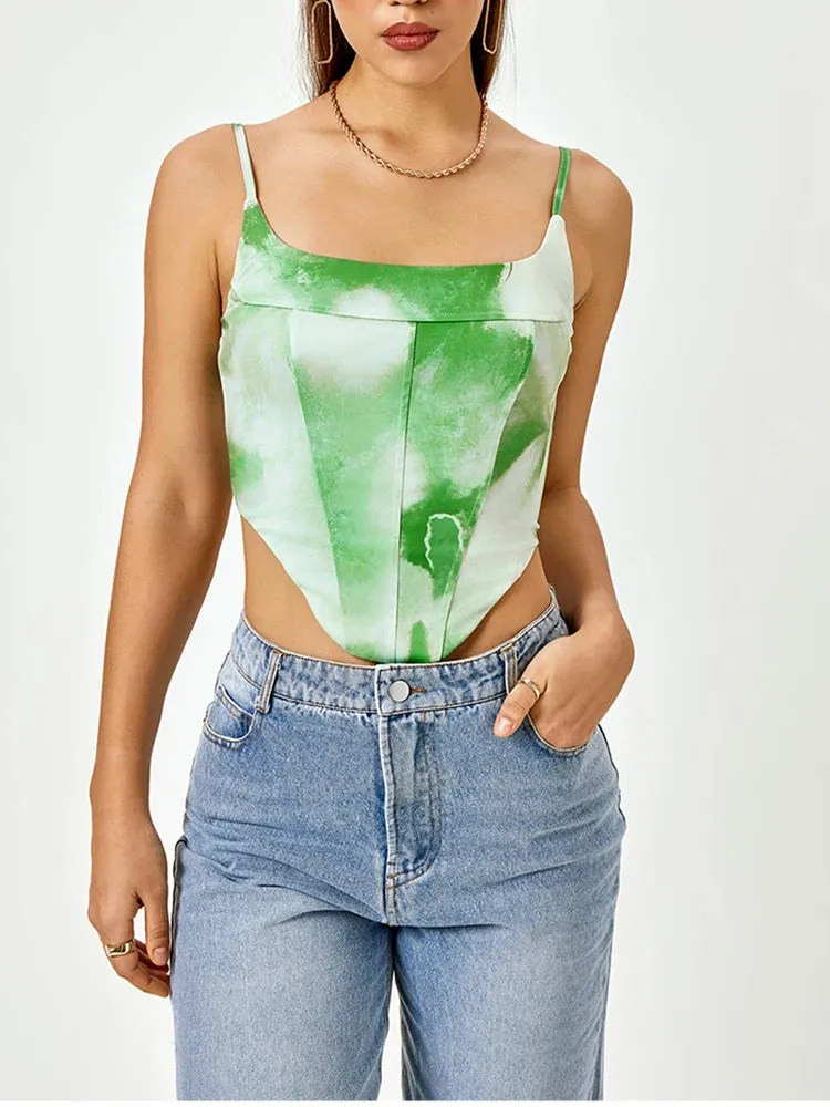 Floral Spaghetti Strap Back Zipper Corset Top