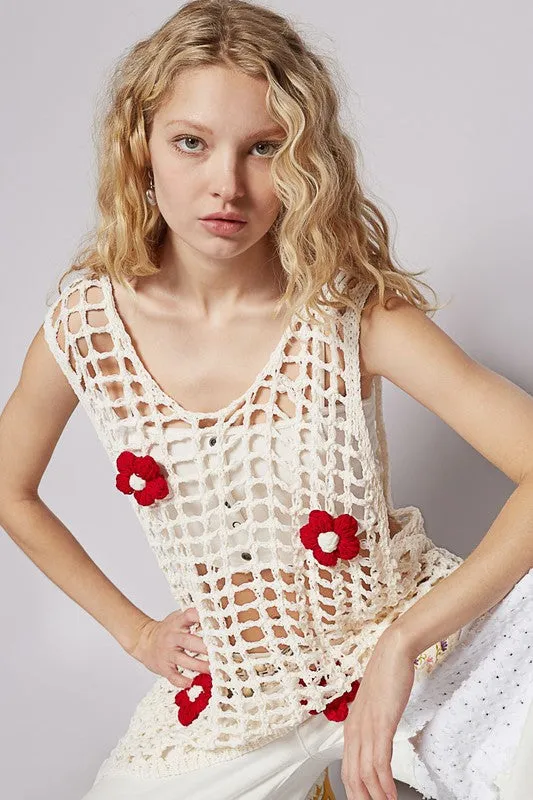 Flower Crochet Scoop Neck Sleeveless Knit Cover Up