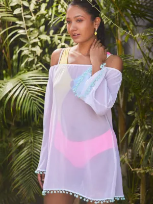 Full Sleeves Off Shoulder Pom-Pom Cover Up Dress