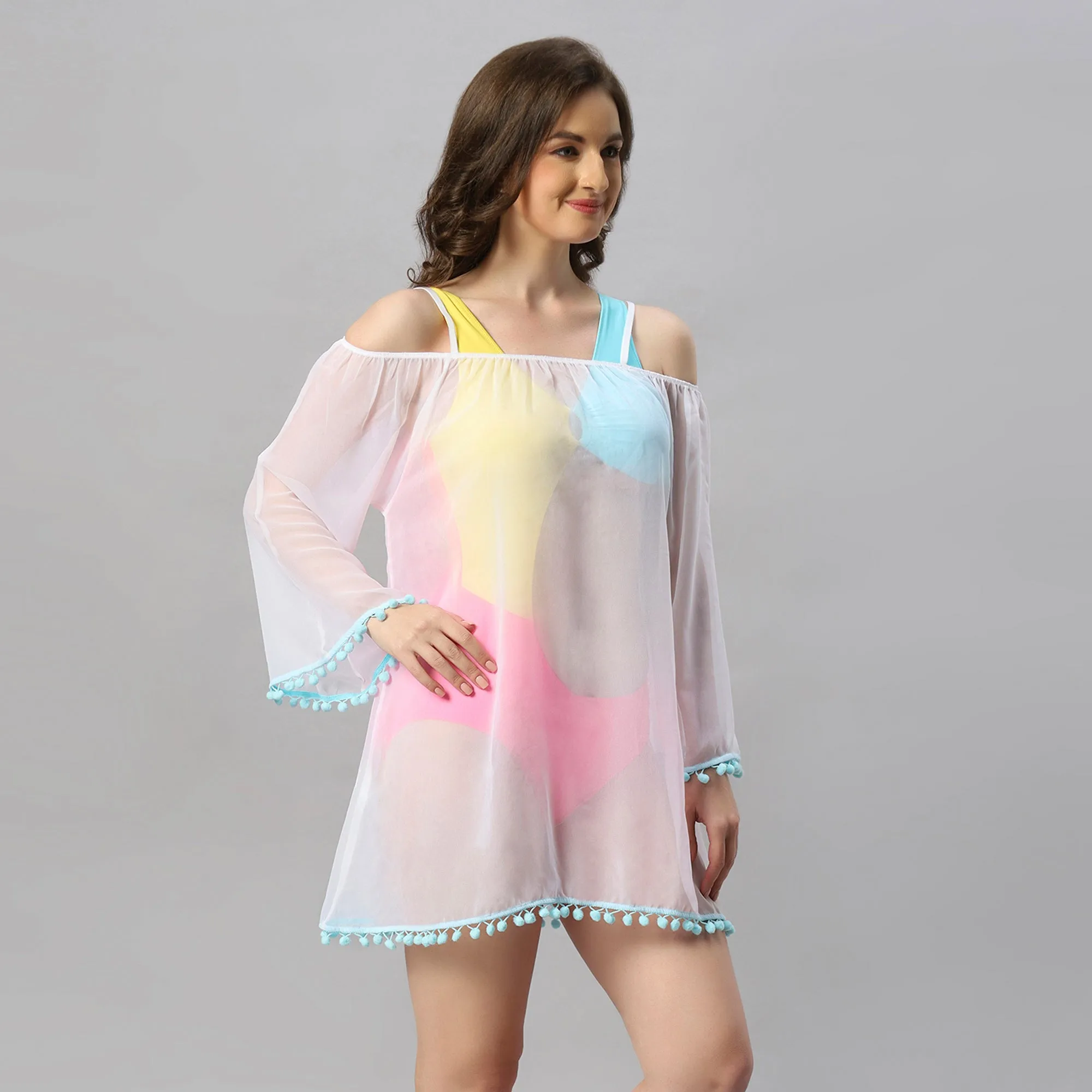 Full Sleeves Off Shoulder Pom-Pom Cover Up Dress