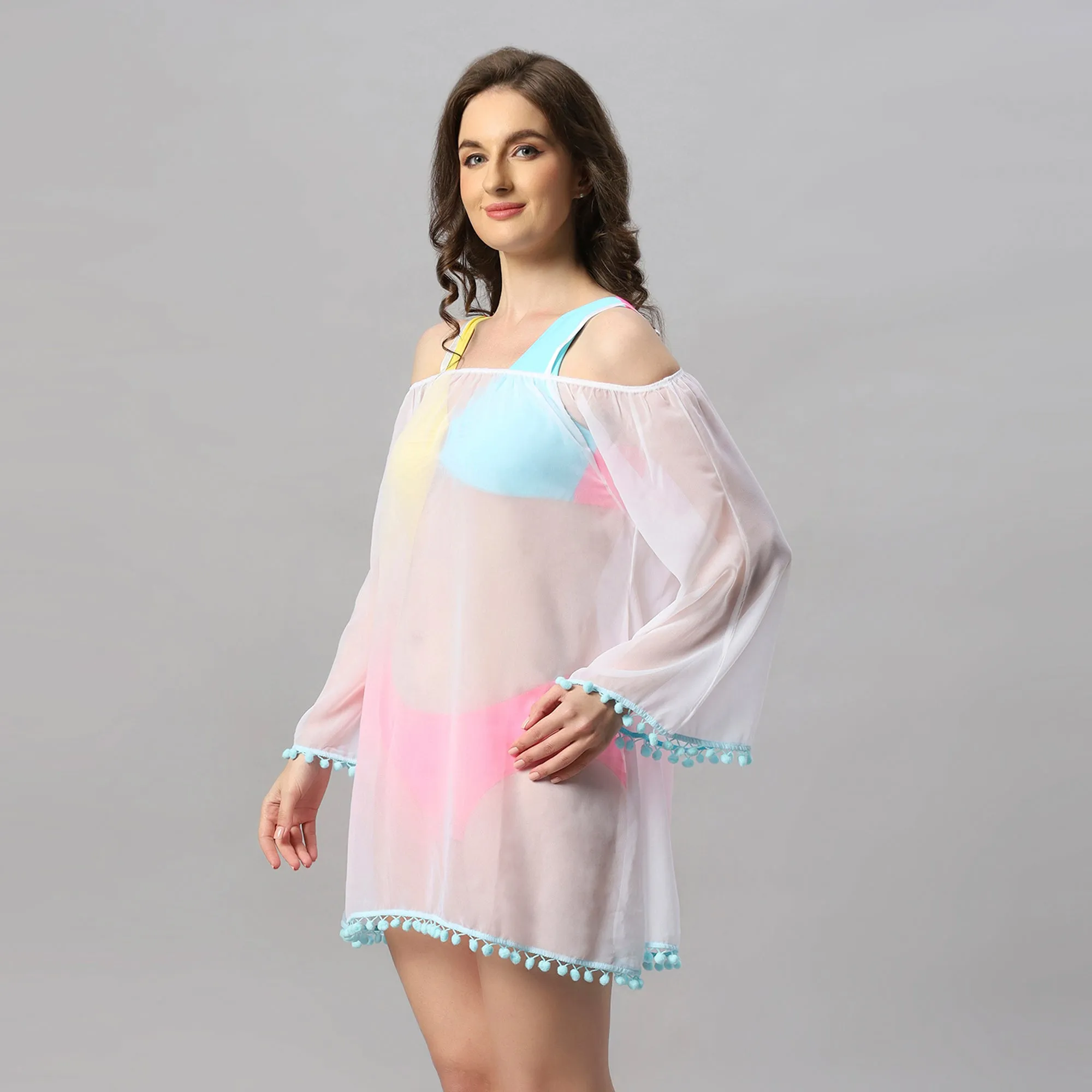Full Sleeves Off Shoulder Pom-Pom Cover Up Dress