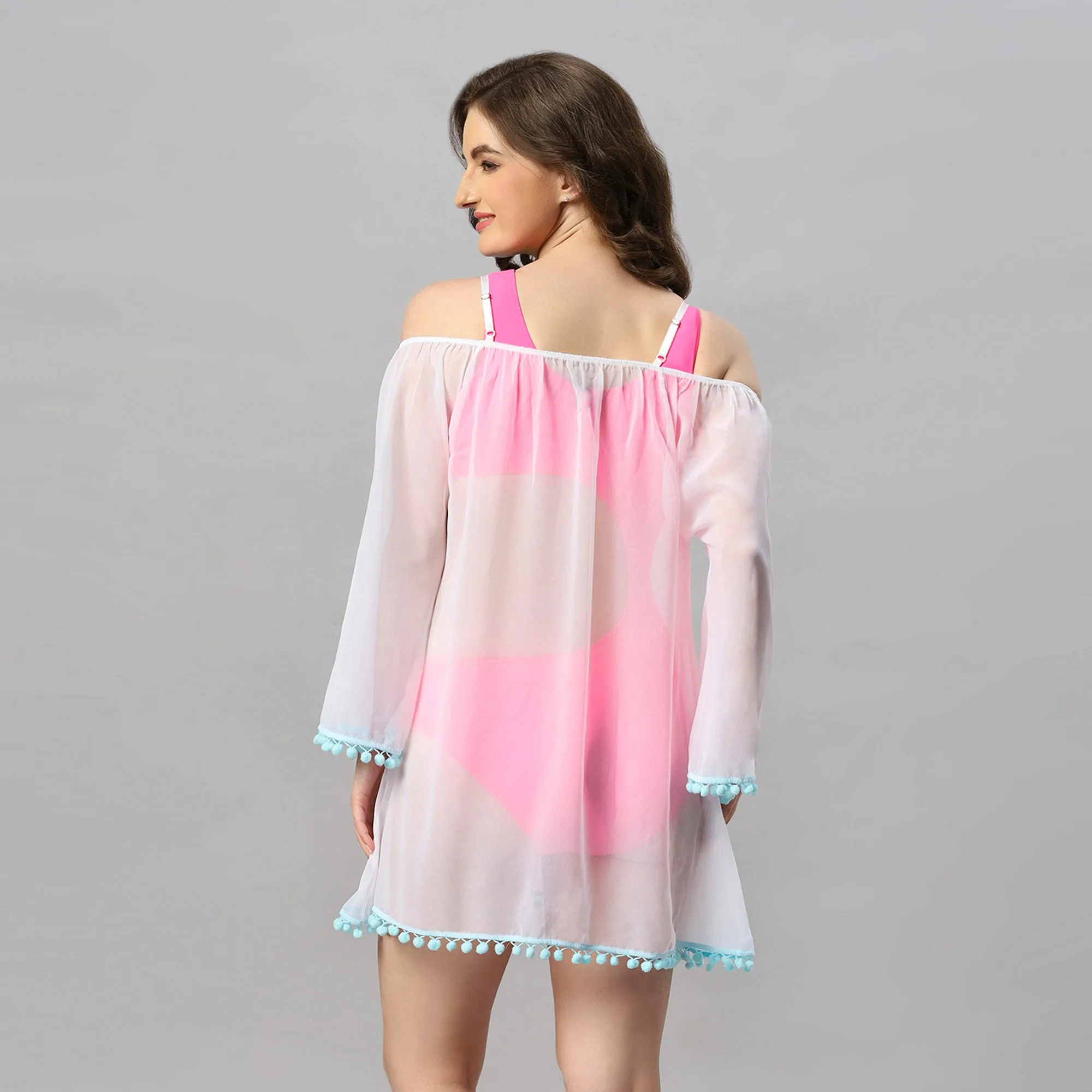 Full Sleeves Off Shoulder Pom-Pom Cover Up Dress
