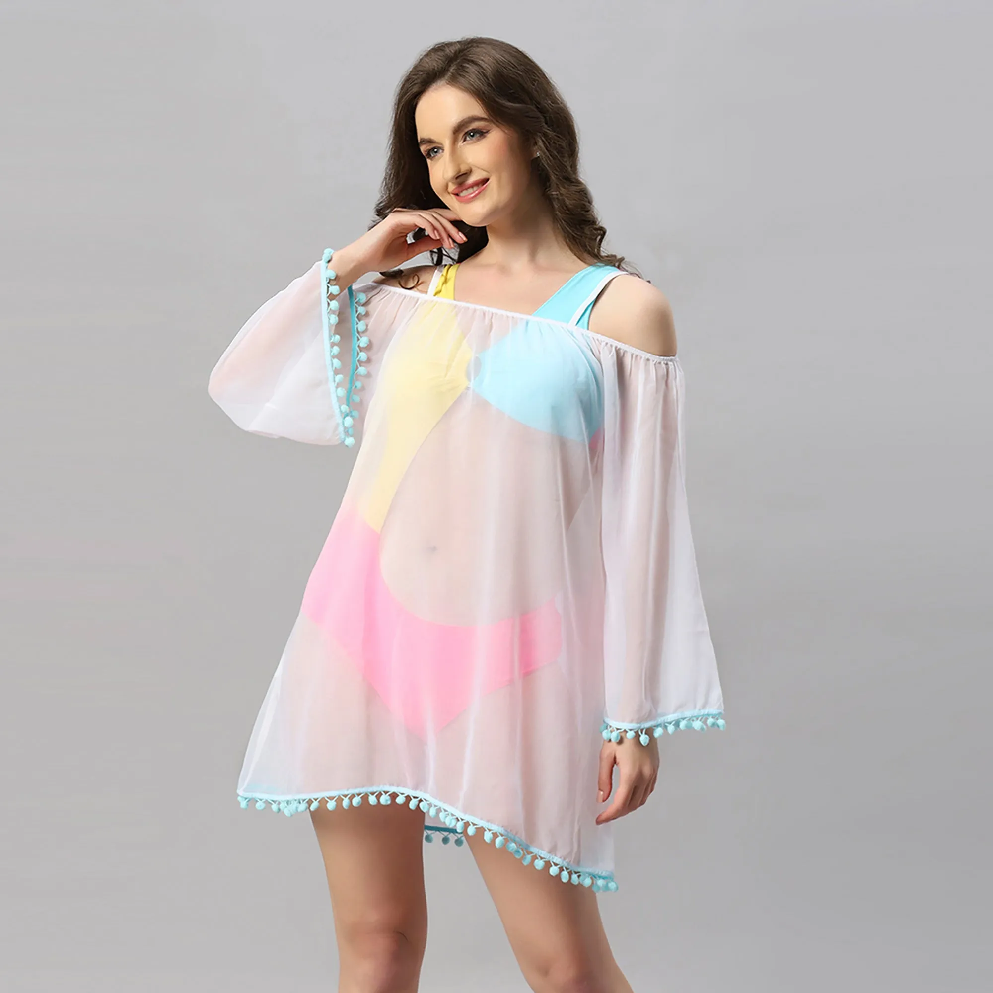 Full Sleeves Off Shoulder Pom-Pom Cover Up Dress