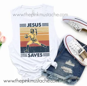 Funny Jesus Saves Retro Baseball Tank - Unisex Mens and Women's Cut Tank Top/ Funny Retro Vintage Tanks