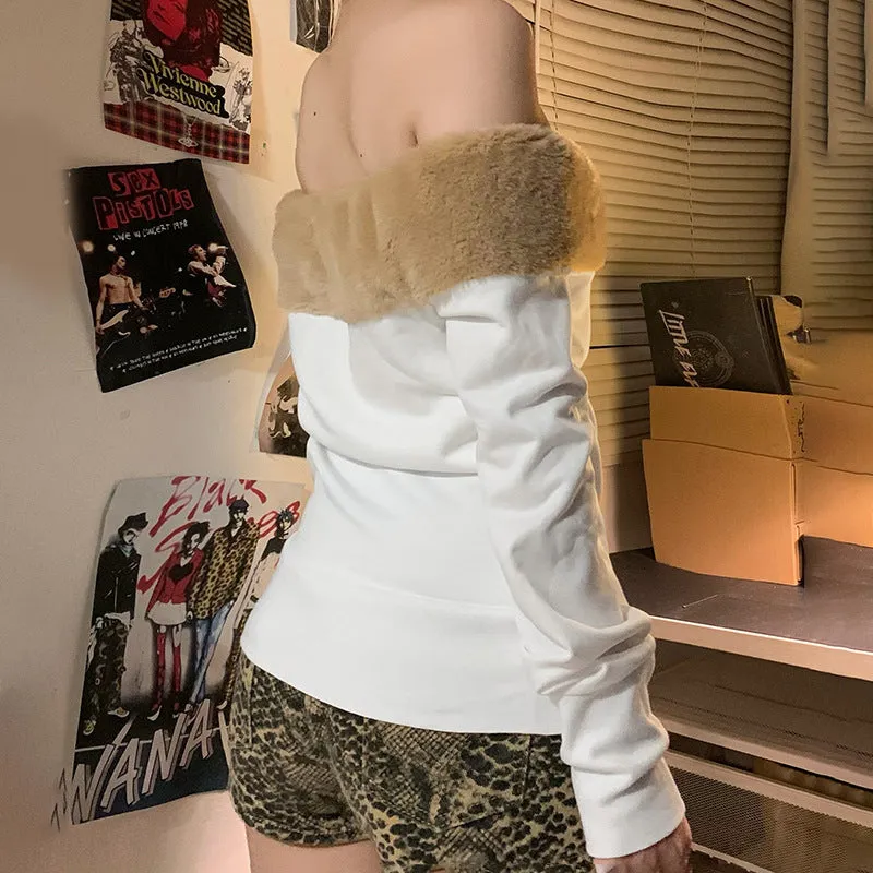 Fur Edge Off-Shoulder Long Sleeve Top