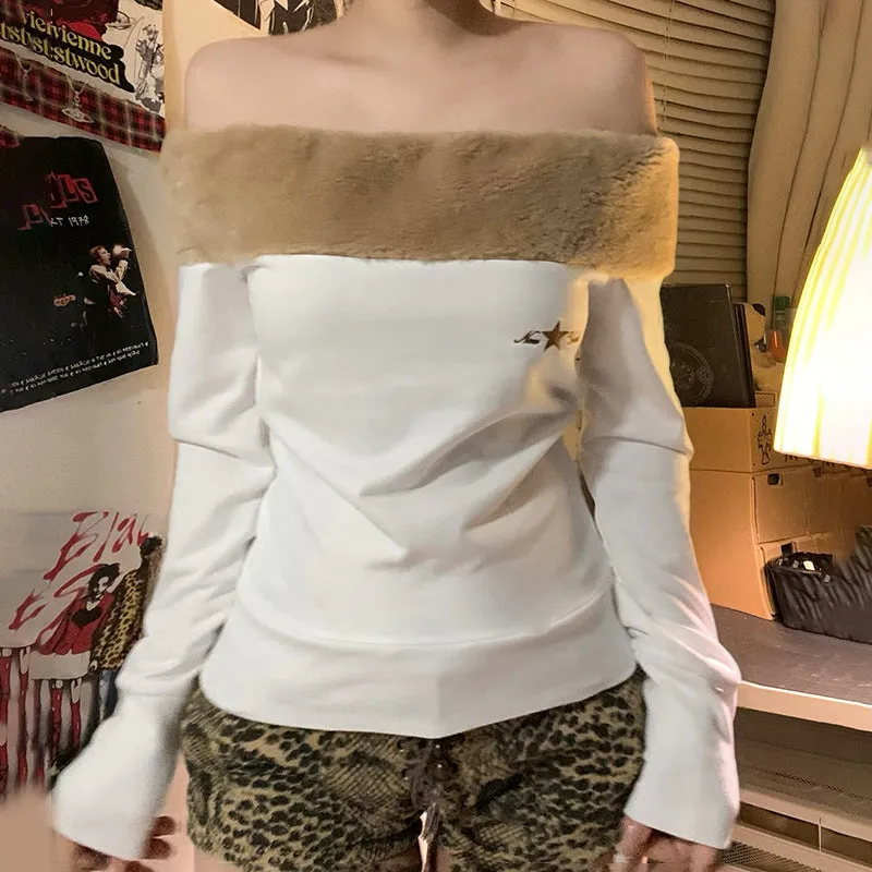 Fur Edge Off-Shoulder Long Sleeve Top