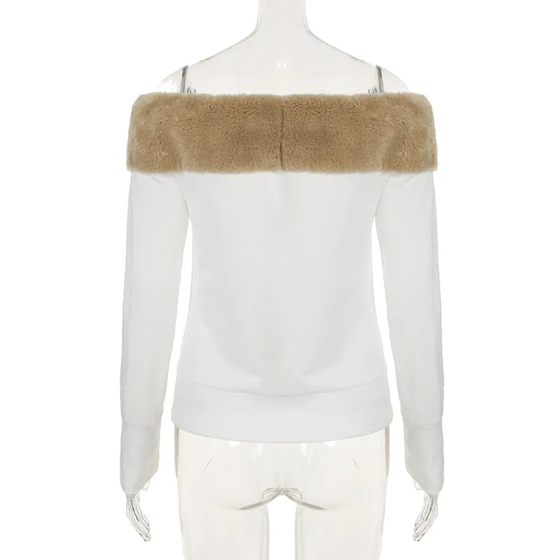 Fur Edge Off-Shoulder Long Sleeve Top