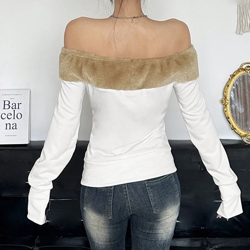 Fur Edge Off-Shoulder Long Sleeve Top