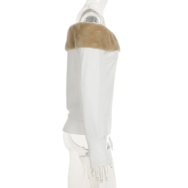 Fur Edge Off-Shoulder Long Sleeve Top