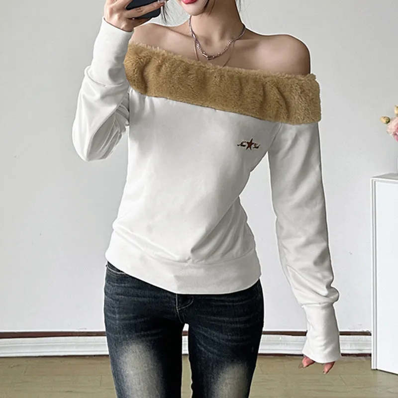 Fur Edge Off-Shoulder Long Sleeve Top